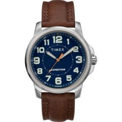 Timex MenS Expedition Metal Field Watch Blue DialBrown Strap-small image